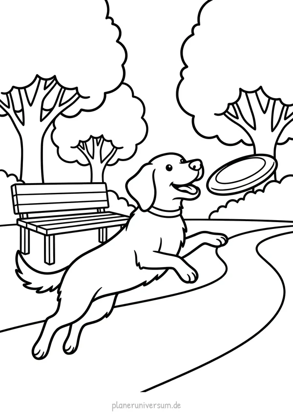 Ein fröhlicher Hund springt im Park und fängt ein Frisbee, umgeben von Bäumen, einer Bank und Wolken