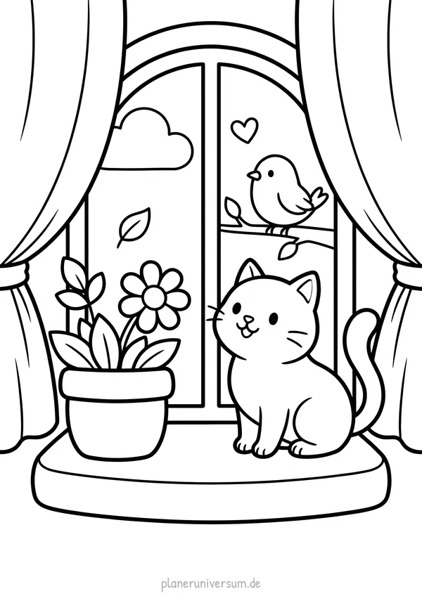 Eine niedliche Katze sitzt am Fenster und schaut hinaus auf einen Vogel auf der Fensterbank, während Blumen in einem …