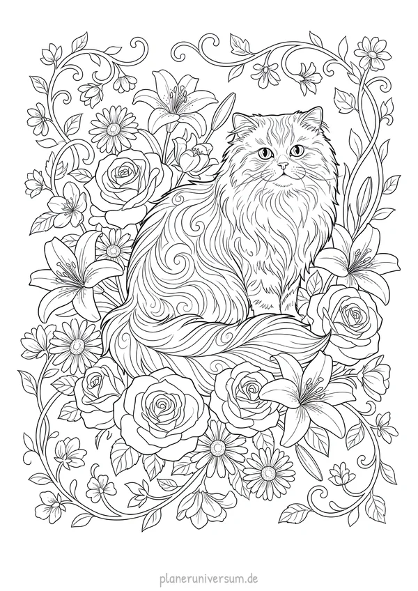 Eine flauschige persische Katze sitzt inmitten eines prachtvollen Blumengartens mit Rosen, Lilien und Gänseblümchen