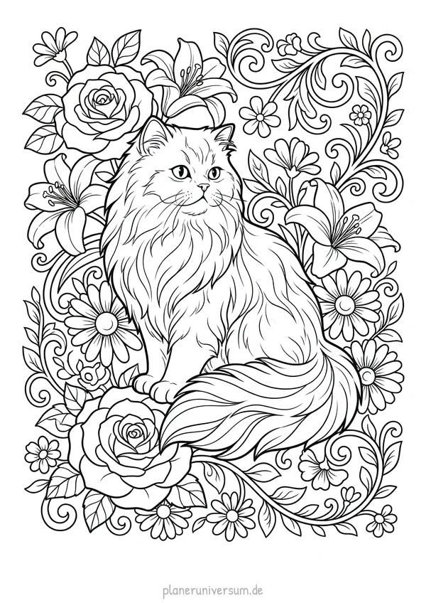 Eine flauschige Perserkatze sitzt inmitten eines üppigen Blumengartens mit Rosen, Lilien und Gänseblümchen