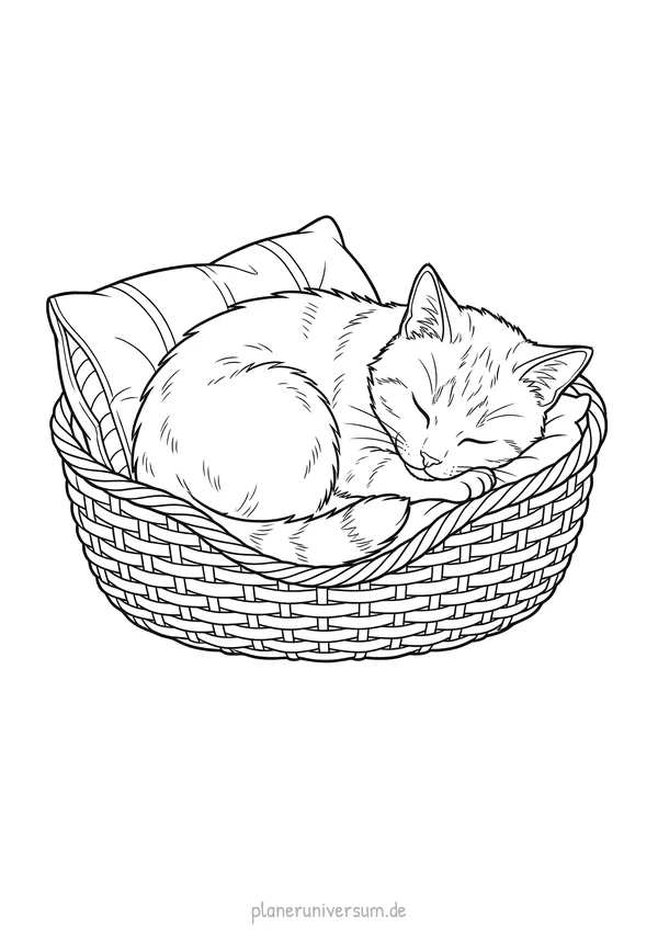 Eine niedliche Katze schläft friedlich zusammengerollt in einem gemütlichen Weidenkorb mit weichem Kissen