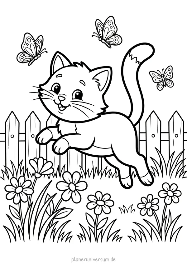 Eine süße Katze mit aufgerichtetem Schwanz spielt verspielt mit Schmetterlingen in einem blütenreichen Garten