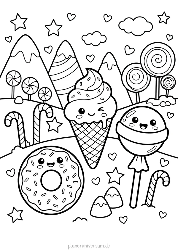 Eine fröhliche Süßigkeitenwelt mit niedlichen Charakteren wie einem Donut, Eiscreme und Lollipop mit Gesichtern, umge…