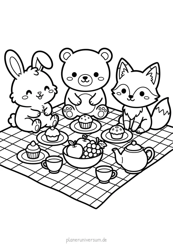 Drei niedliche Kawaii-Tiere – ein Hase, ein Bär und ein Fuchs – sitzen zusammen auf einer karierten Picknickdecke und…