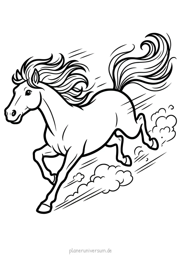 Ein galoppierendes Pferd mit fließender, wehender Mähne und Schweif, umgeben von Wolken