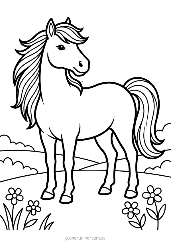 Ein elegantes Pferd mit wehender Mähne und Schweif steht in einer idyllischen Blumenwiese