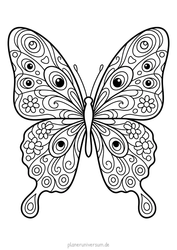 Ein großer, detaillierter Schmetterling mit symmetrischen Flügeln, vielen Augen-Mustern und dekorativen Blüten-Elementen