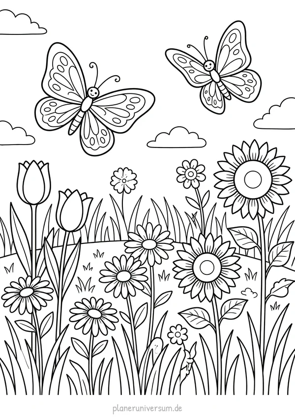 Eine idyllische Frühlingswiese mit verschiedenen Blumen wie Tulpen und Sonnenblumen, auf der zwei bunte Schmetterling…