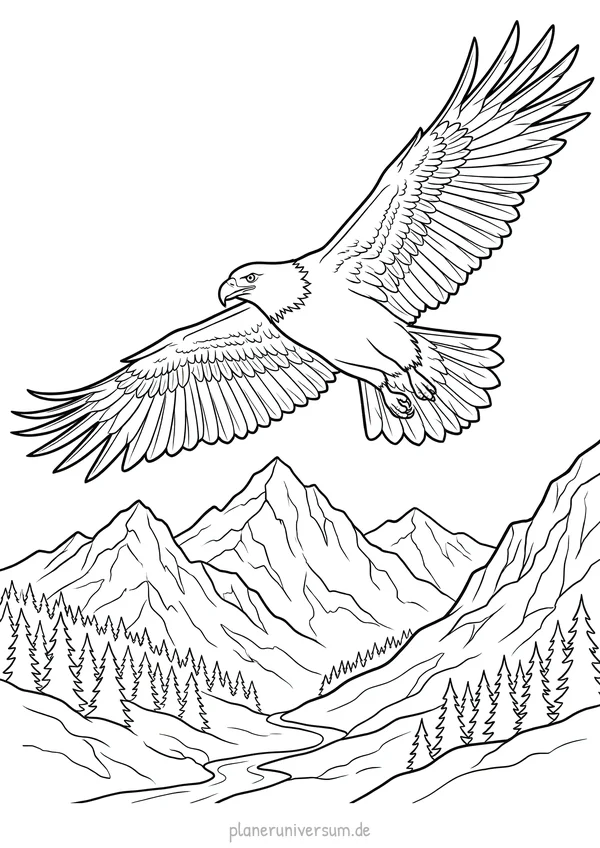 Ein majestätischer Adler breitet seine Flügel aus und fliegt über eine bergige Waldlandschaft mit Nadelwäldern