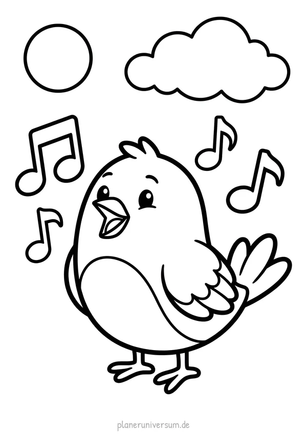 Ein süßer, singender Vogel mit offener Schnabel-Position sitzt vor einer Wolke und ist umgeben von Musiknoten