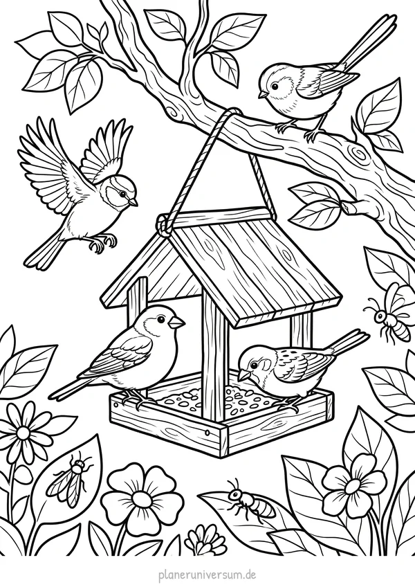 Ein detailliertes Ausmalbild zeigt ein Vogelhaus mit mehreren Vögeln, die darauf sitzen oder fliegen